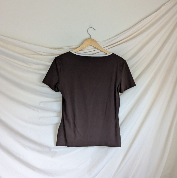 MOSCHINO Chocolate Brown White Trim Cutout Short Sleeve Stretchy Tee L 14 - Picture 2 of 3